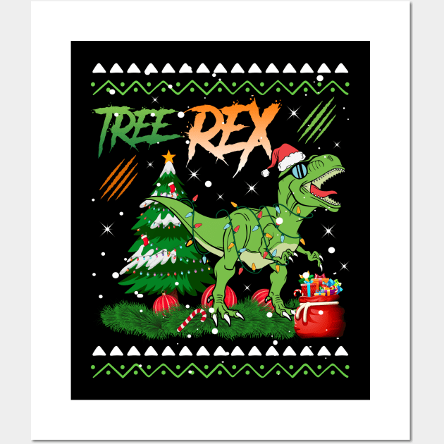 Tree-Rex Santa Saurus Christmas Tree Kids Boys Girls Dinosaur Xmas Ugly Sweater Wall Art by teespringplus